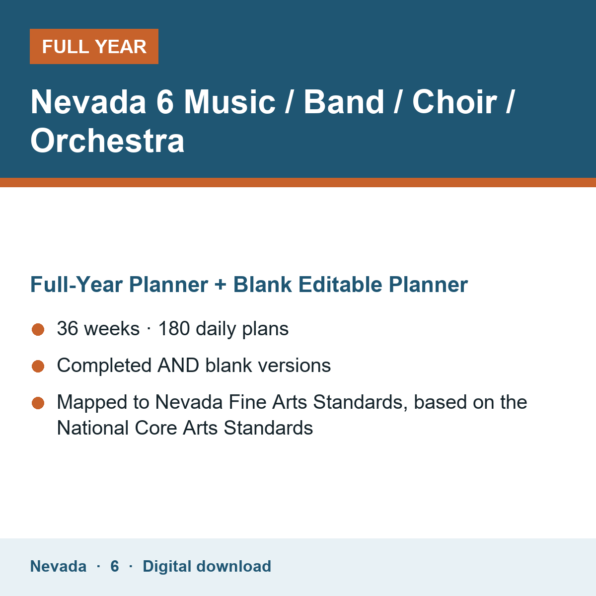Cover of the Nevada Grade 6 Music / Band / Choir / Orchestra full-year teacher planner