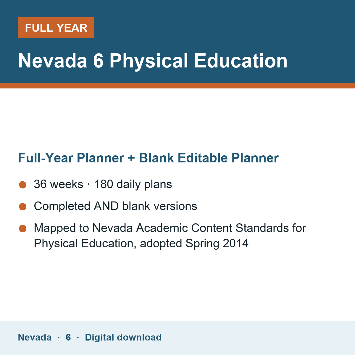 Cover of the Nevada Grade 6 Physical Education full-year teacher planner