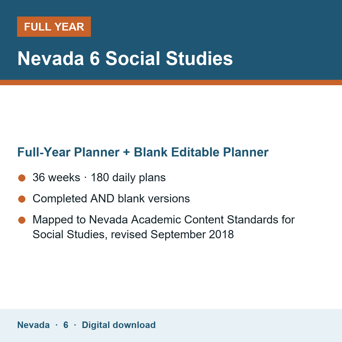 Cover of the Nevada Grade 6 Social Studies full-year teacher planner