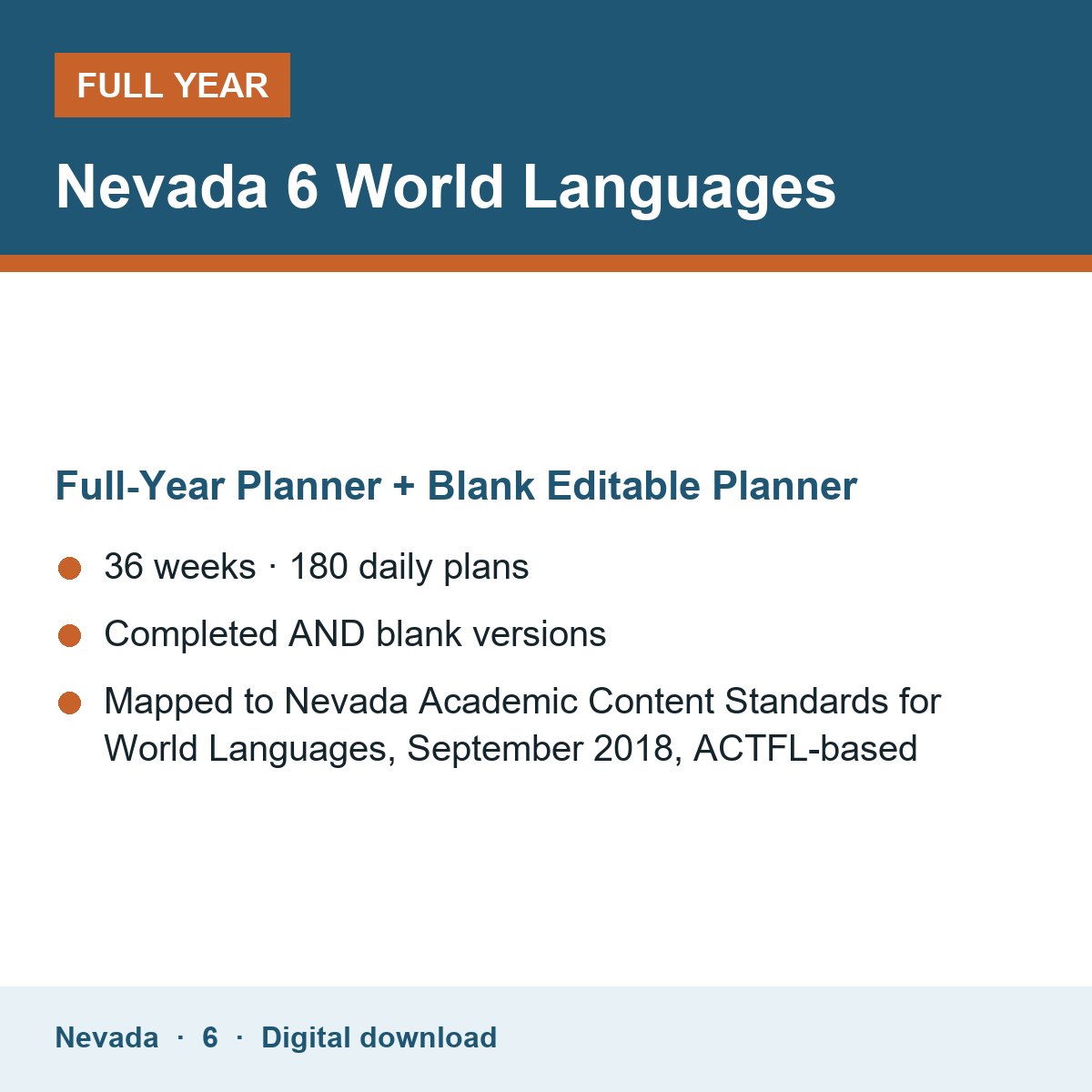 Cover of the Nevada Grade 6 World Languages full-year teacher planner
