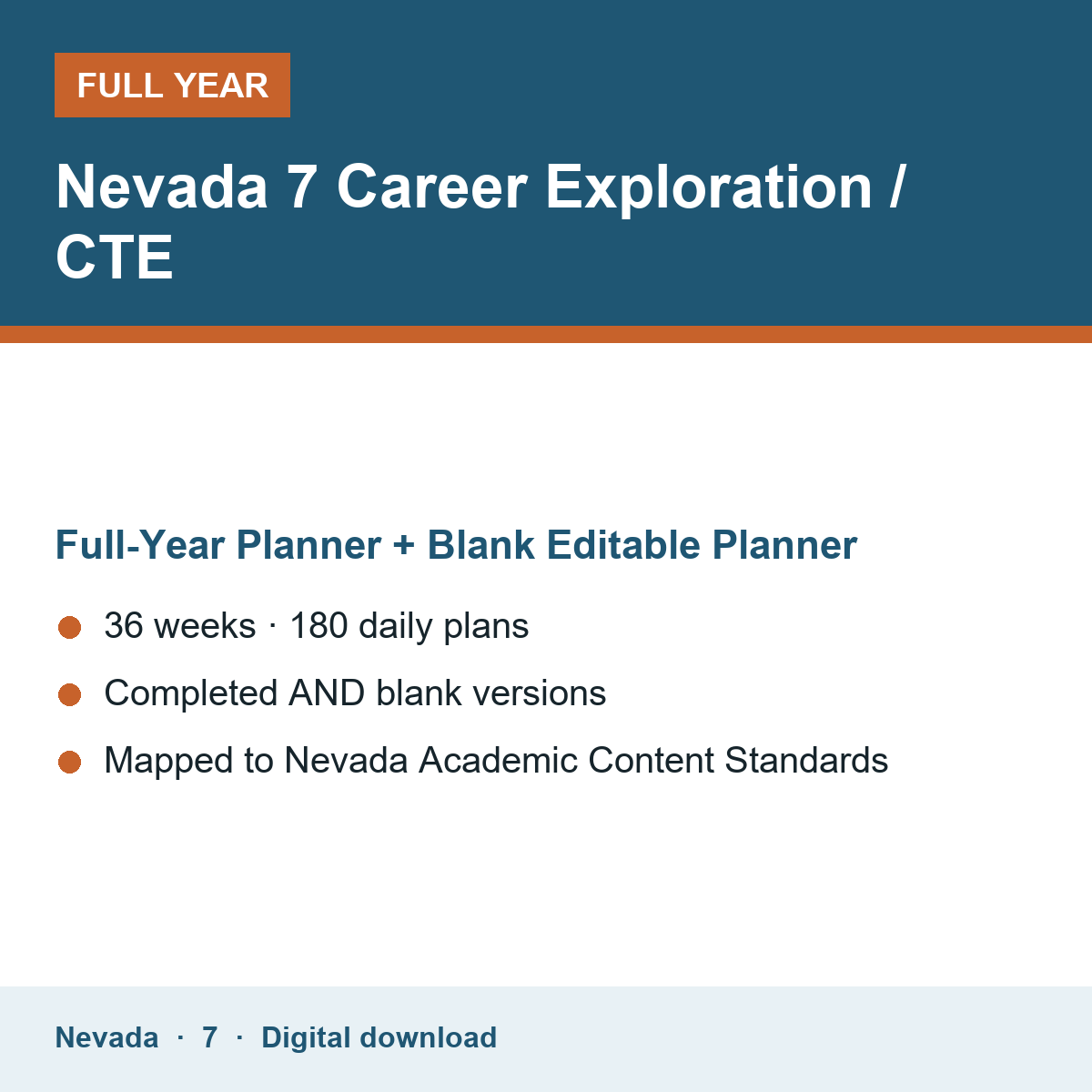 Cover of the Nevada Grade 7 Career Exploration / CTE full-year teacher planner
