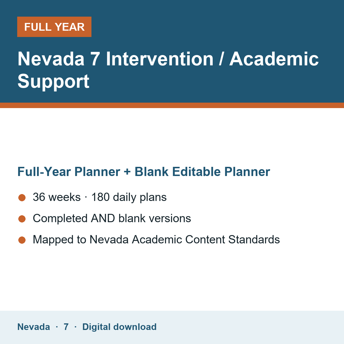 Cover of the Nevada Grade 7 Intervention / Academic Support full-year teacher planner
