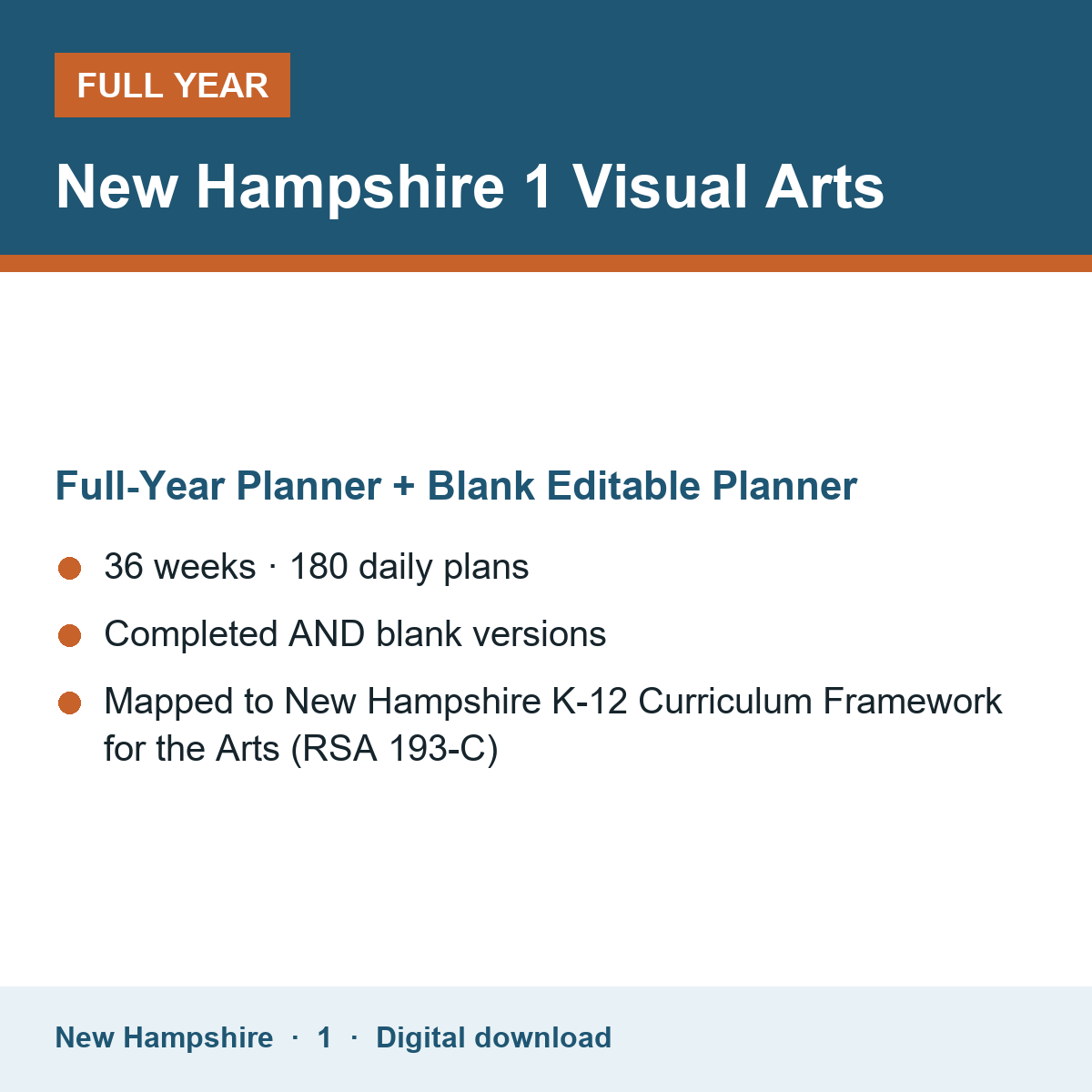 Cover of the New Hampshire Grade 1 Visual Arts full-year teacher planner