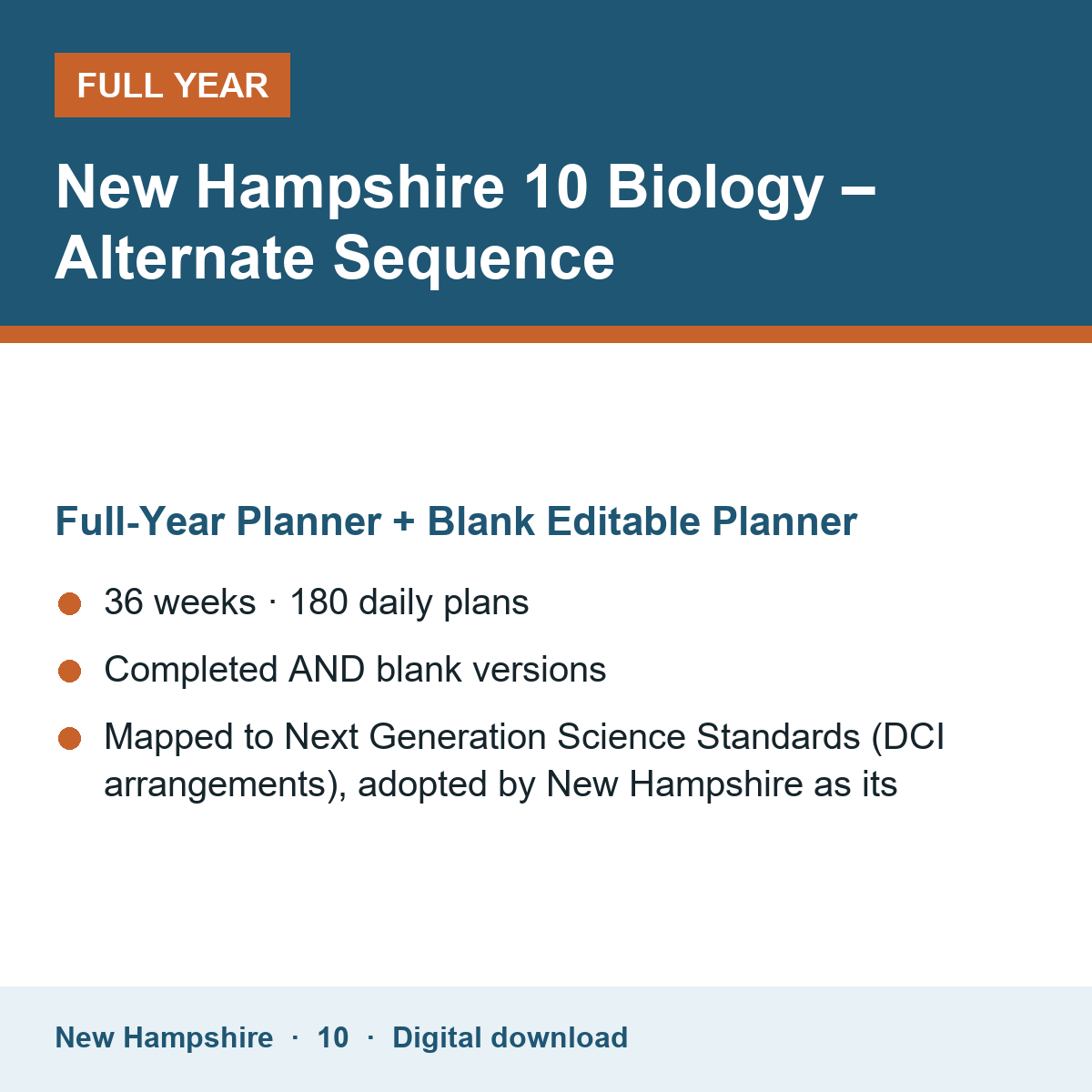 Cover of the New Hampshire Grade 10 Biology – Alternate Sequence full-year teacher planner
