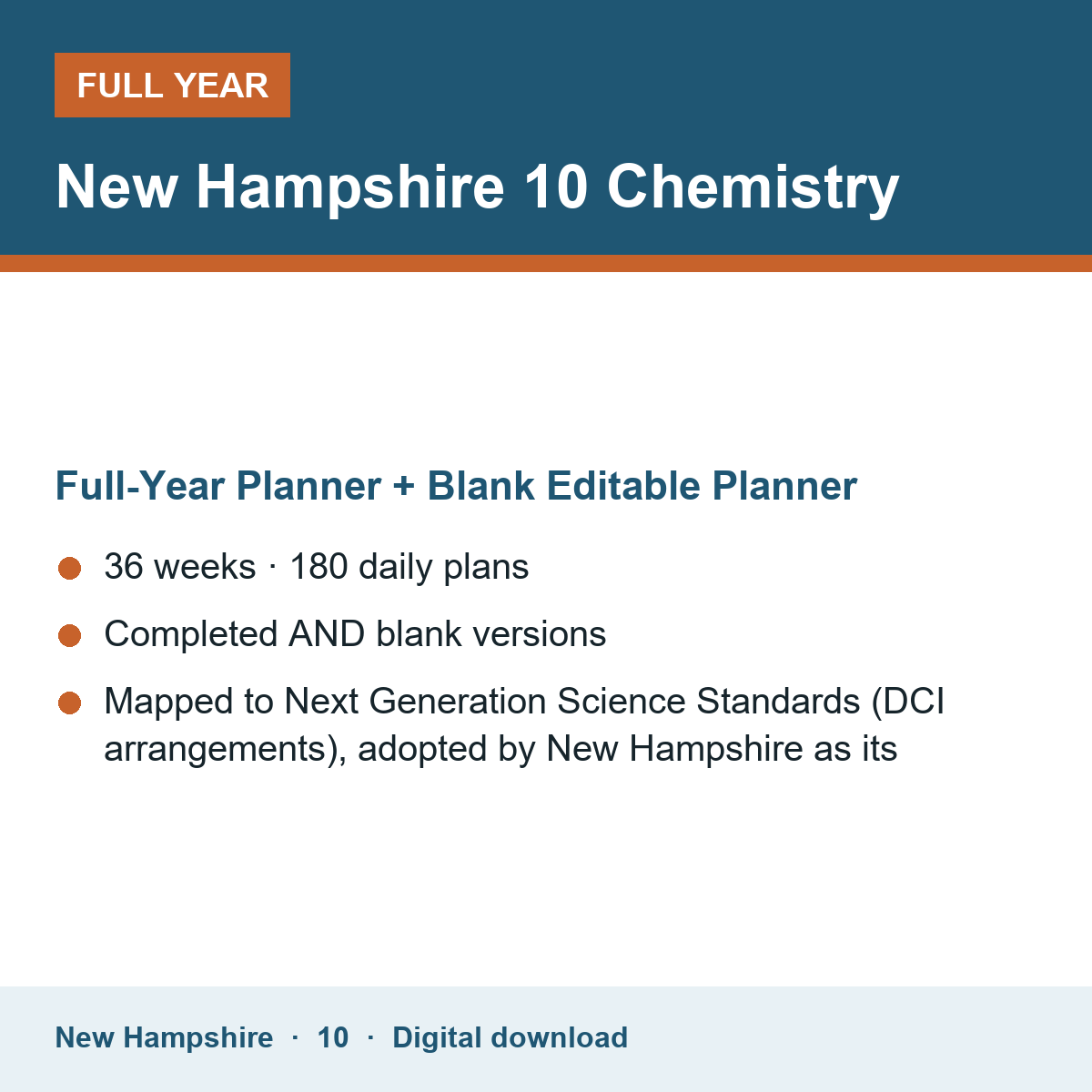 Cover of the New Hampshire Grade 10 Chemistry full-year teacher planner