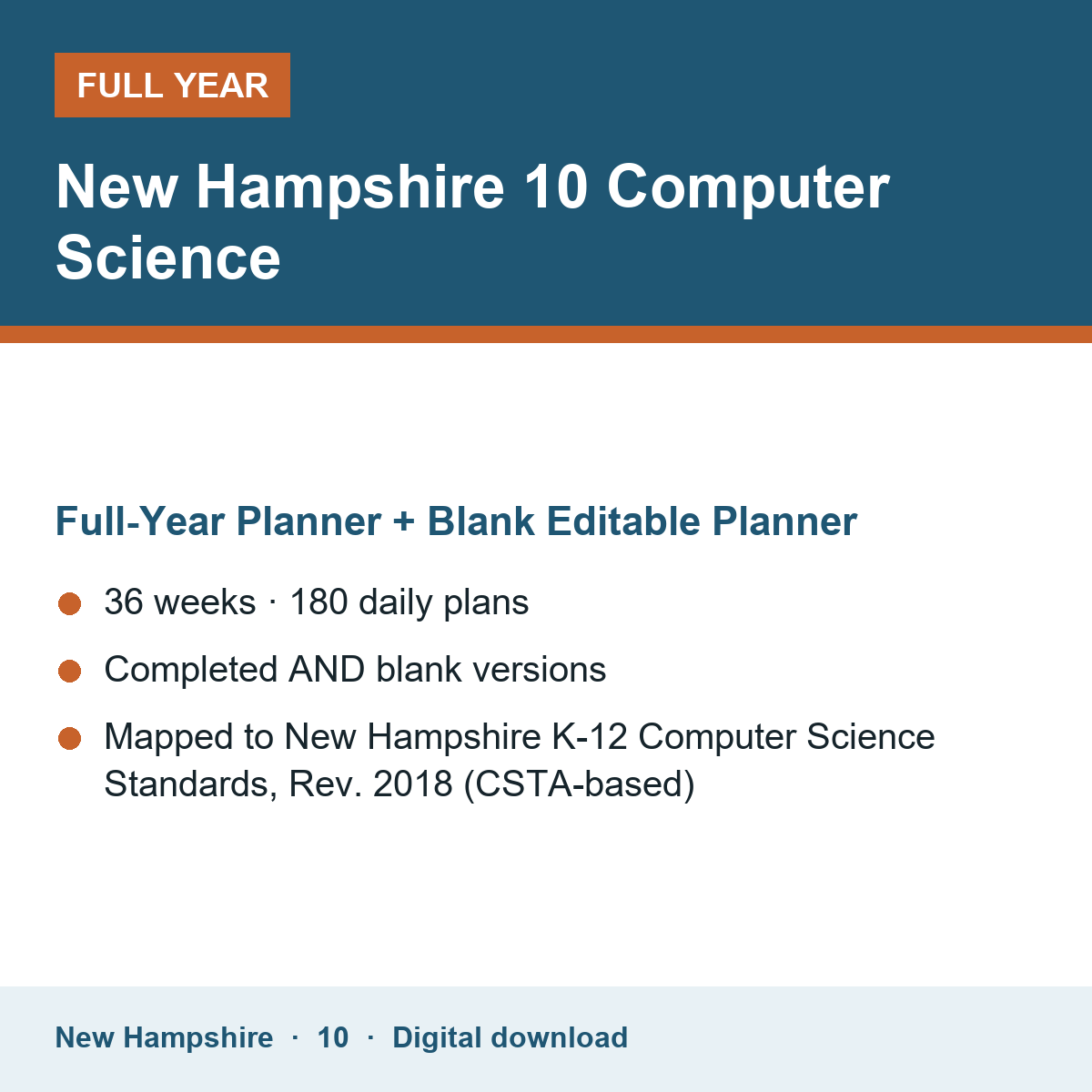 Cover of the New Hampshire Grade 10 Computer Science full-year teacher planner