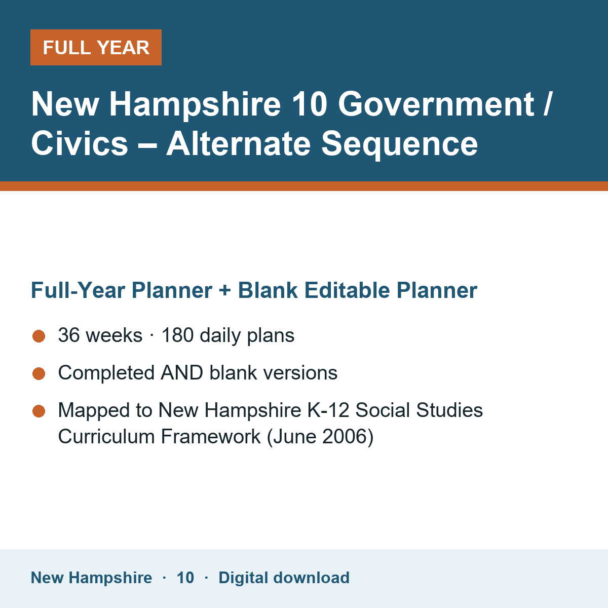 Cover of the New Hampshire Grade 10 Government / Civics – Alternate Sequence full-year teacher planner