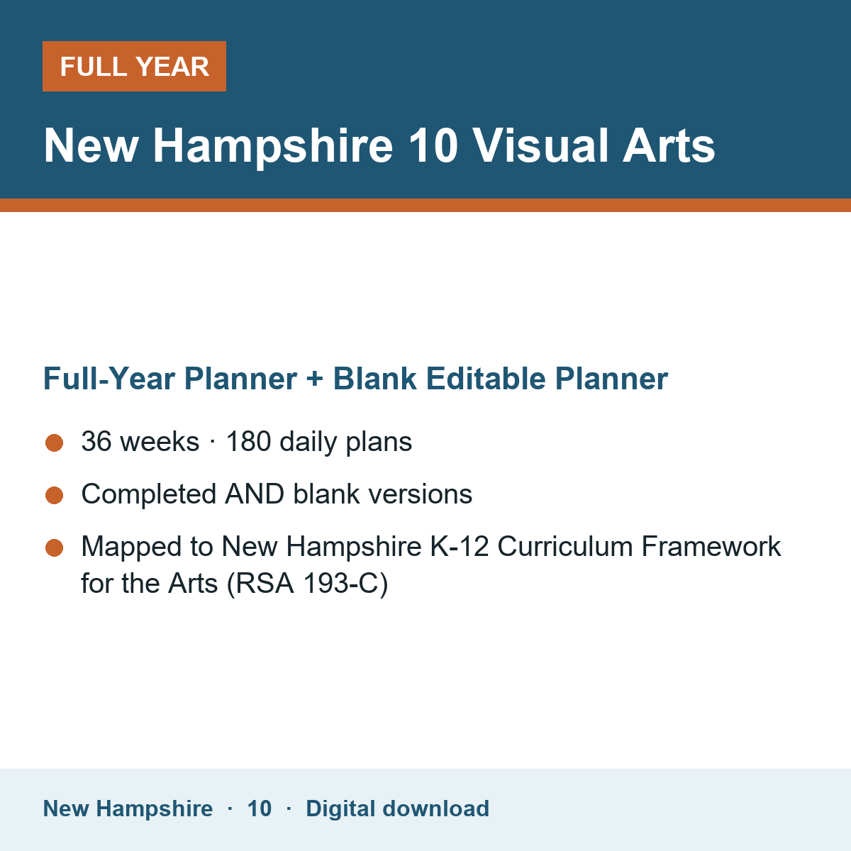 Cover of the New Hampshire Grade 10 Visual Arts full-year teacher planner