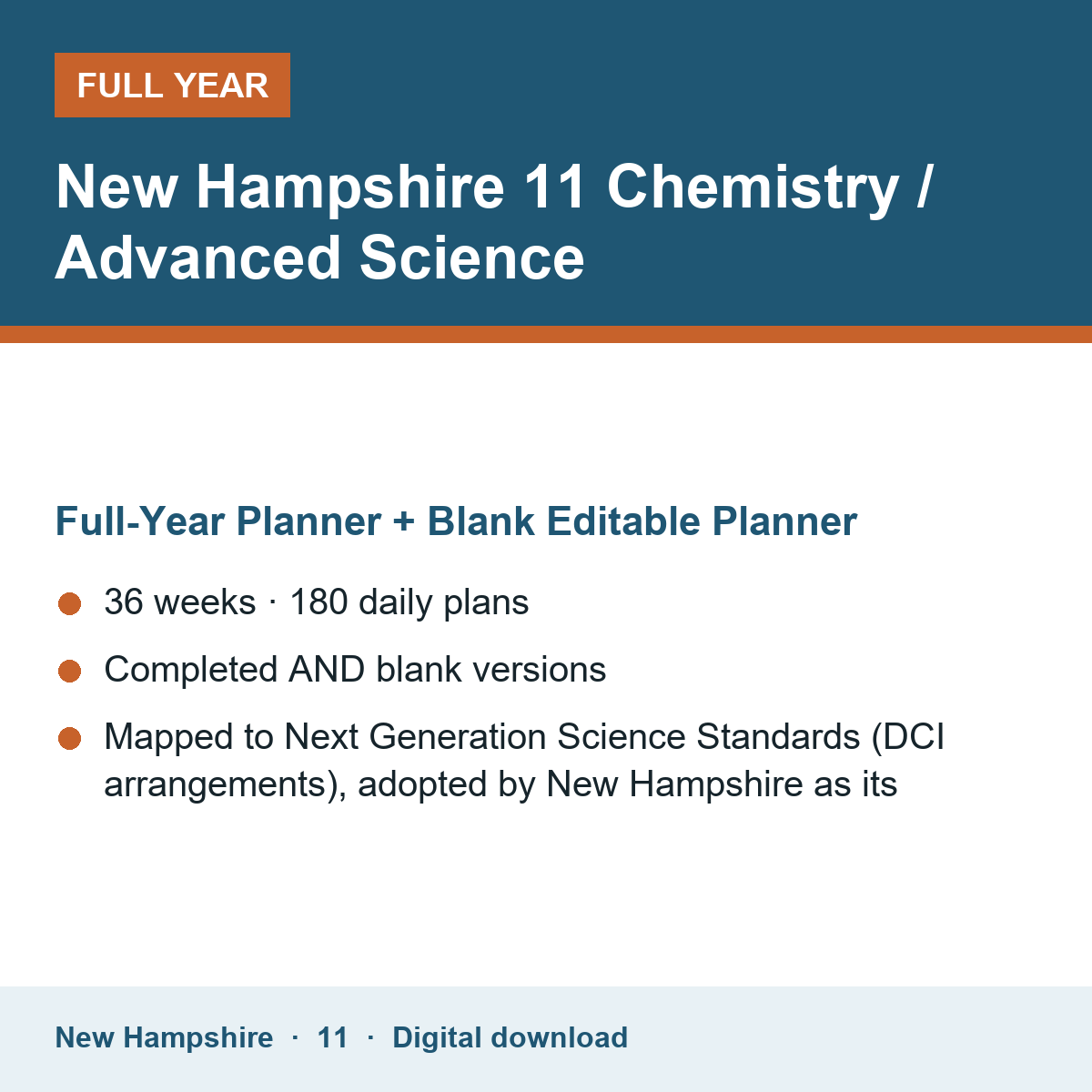 Cover of the New Hampshire Grade 11 Chemistry / Advanced Science full-year teacher planner