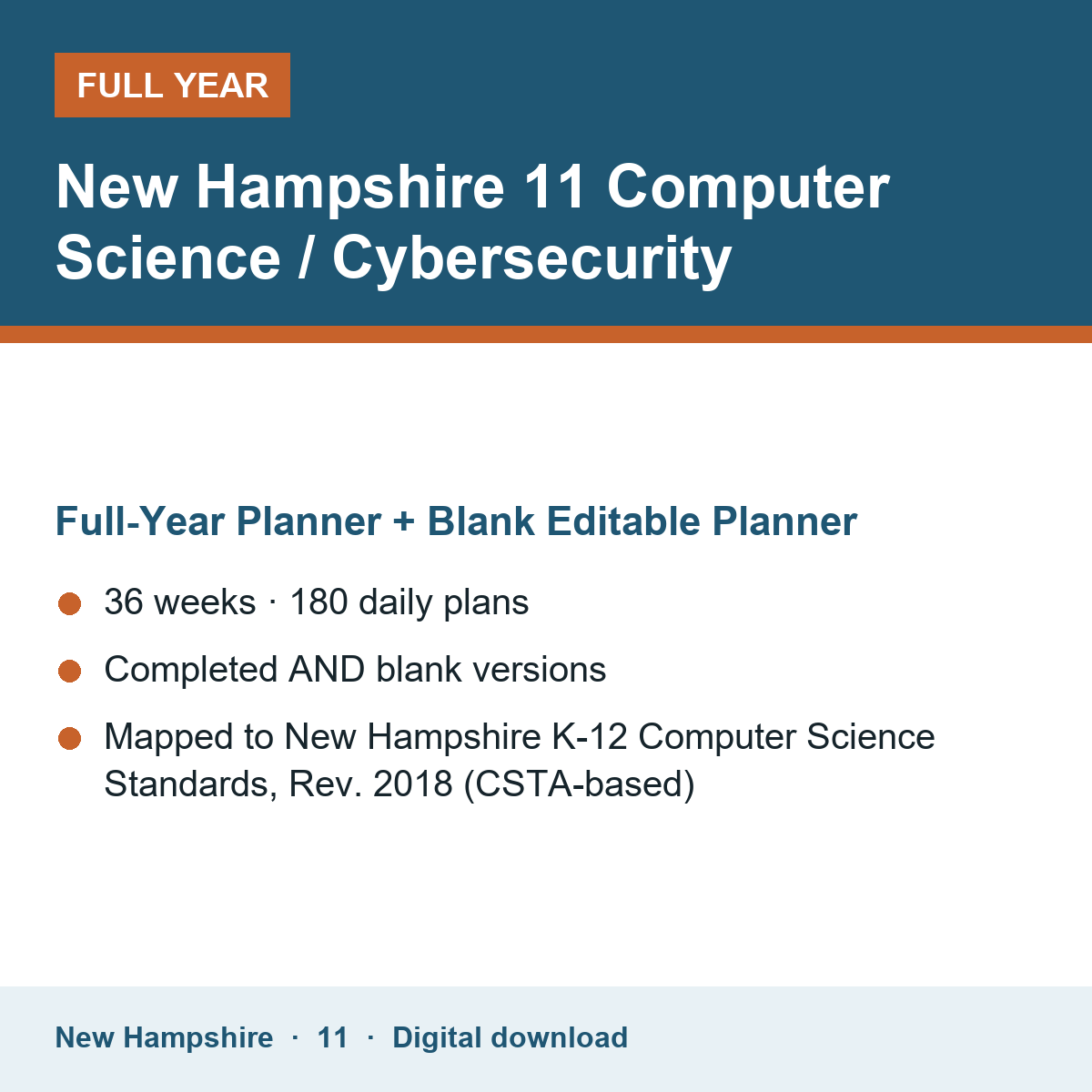 Cover of the New Hampshire Grade 11 Computer Science / Cybersecurity full-year teacher planner