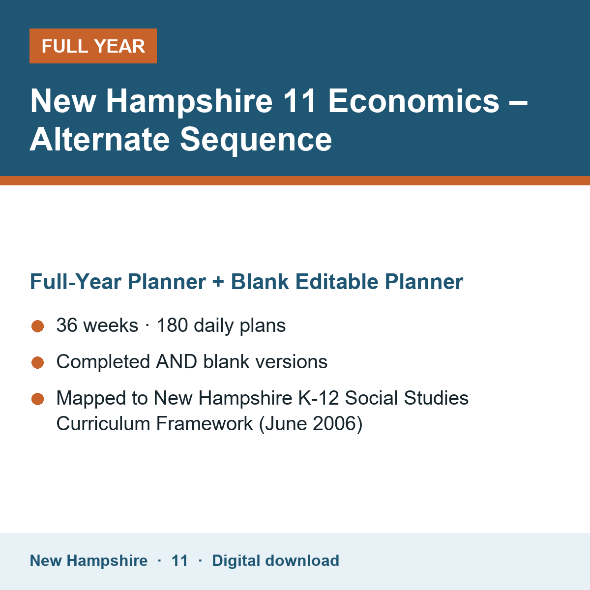 Cover of the New Hampshire Grade 11 Economics – Alternate Sequence full-year teacher planner