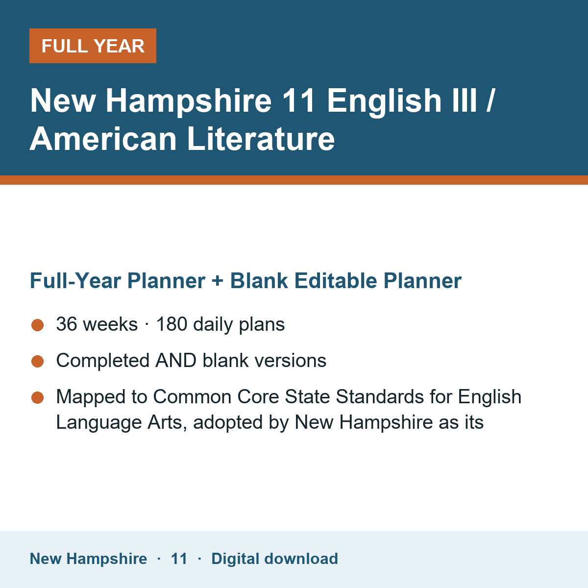 Cover of the New Hampshire Grade 11 English III / American Literature full-year teacher planner