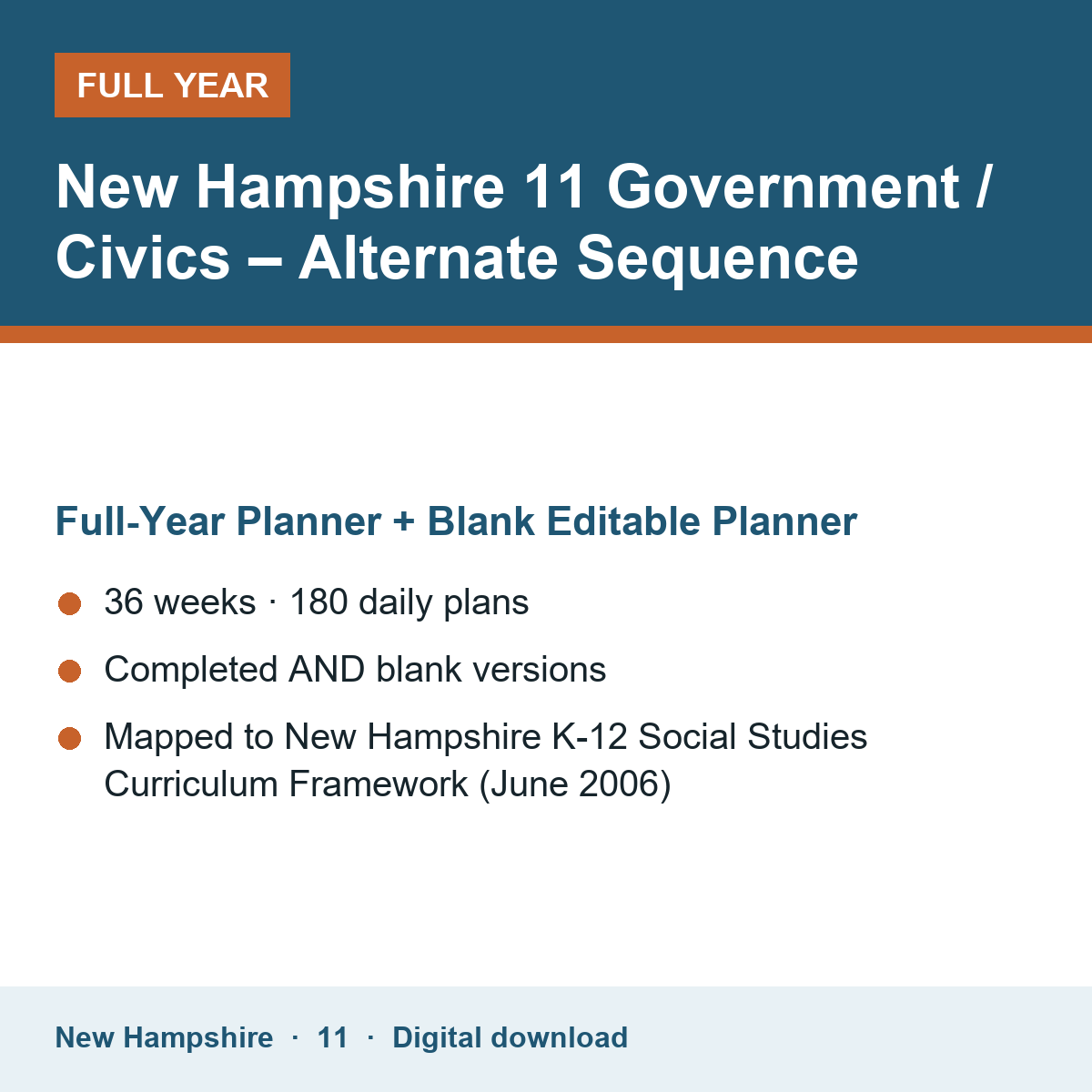 Cover of the New Hampshire Grade 11 Government / Civics – Alternate Sequence full-year teacher planner