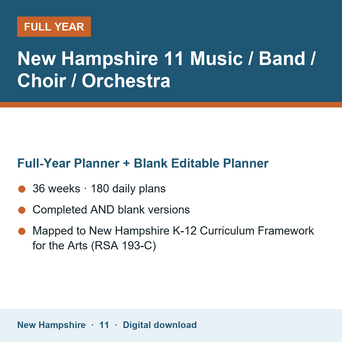 Cover of the New Hampshire Grade 11 Music / Band / Choir / Orchestra full-year teacher planner