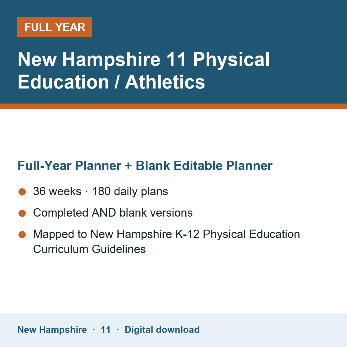 Cover of the New Hampshire Grade 11 Physical Education / Athletics full-year teacher planner