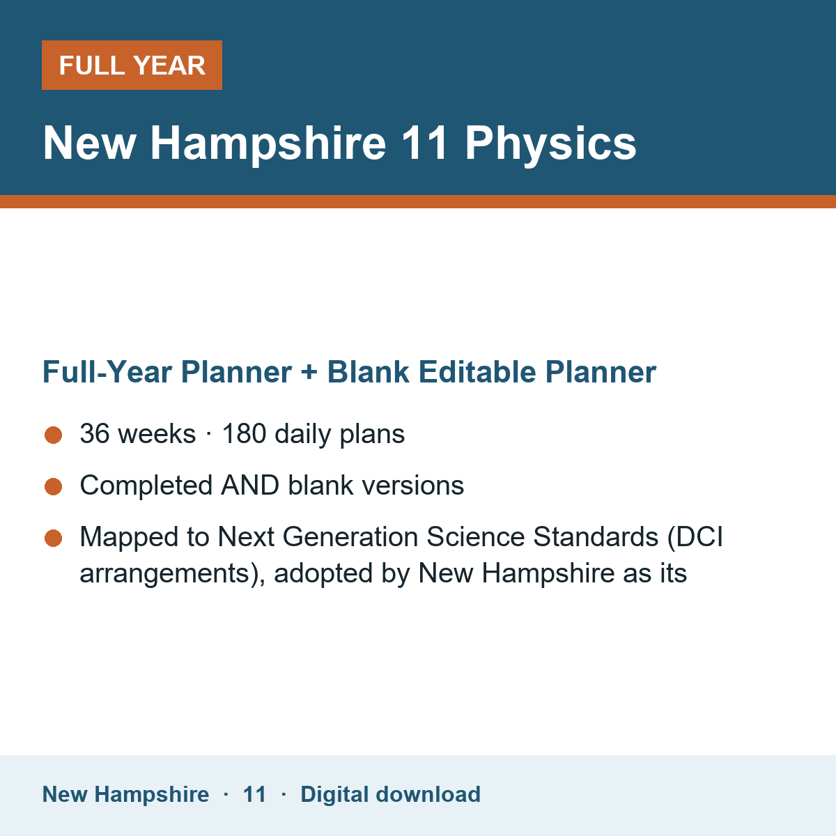 Cover of the New Hampshire Grade 11 Physics full-year teacher planner