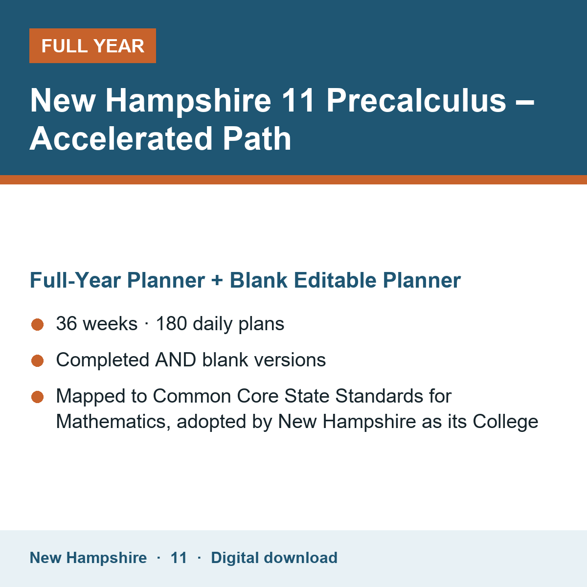 Cover of the New Hampshire Grade 11 Precalculus – Accelerated Path full-year teacher planner