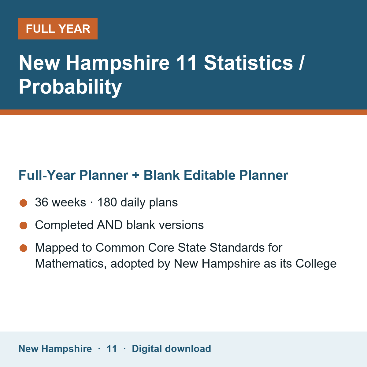 Cover of the New Hampshire Grade 11 Statistics / Probability full-year teacher planner