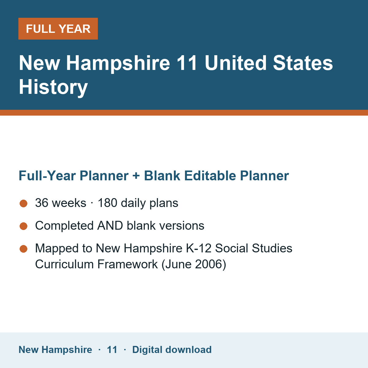 Cover of the New Hampshire Grade 11 United States History full-year teacher planner