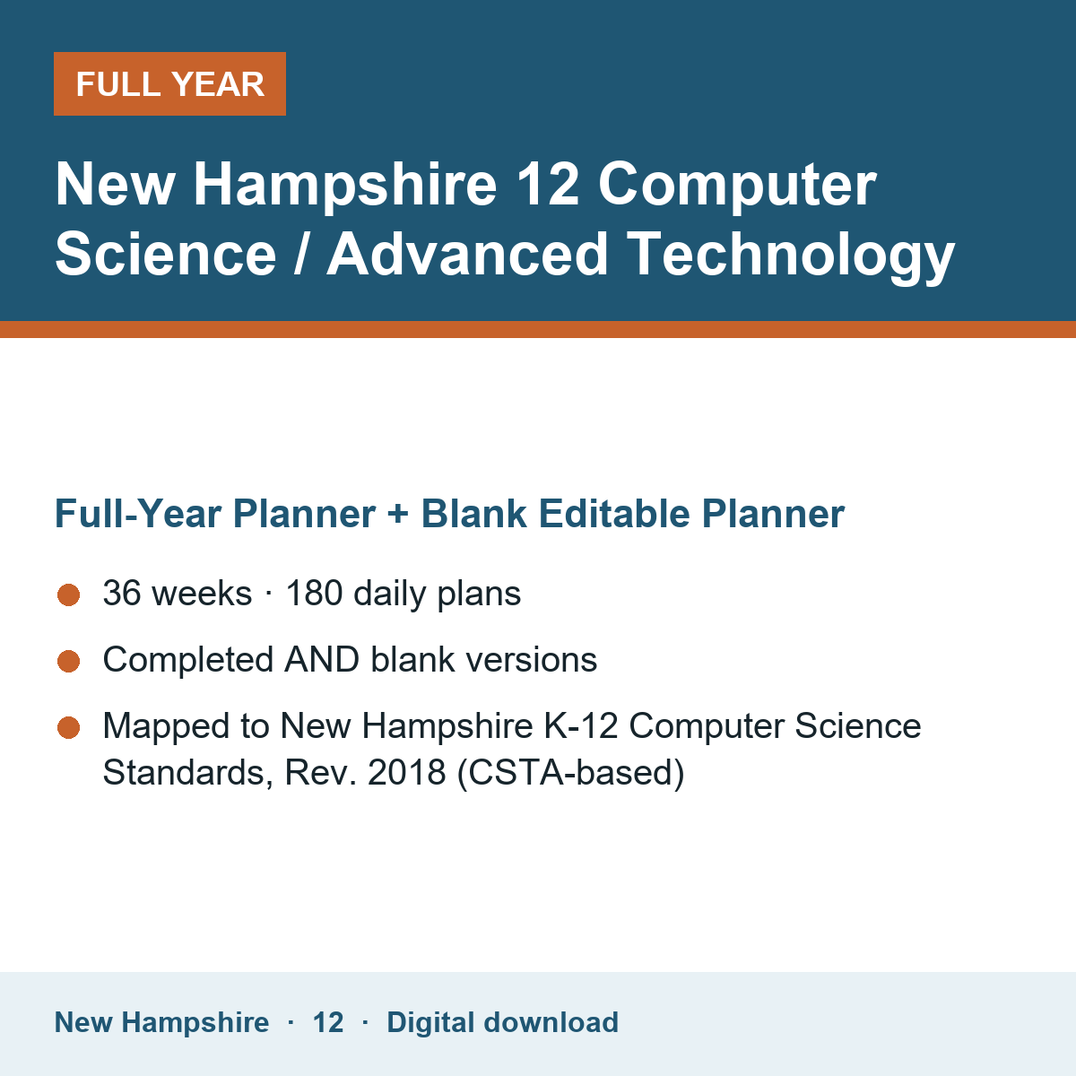 Cover of the New Hampshire Grade 12 Computer Science / Advanced Technology full-year teacher planner