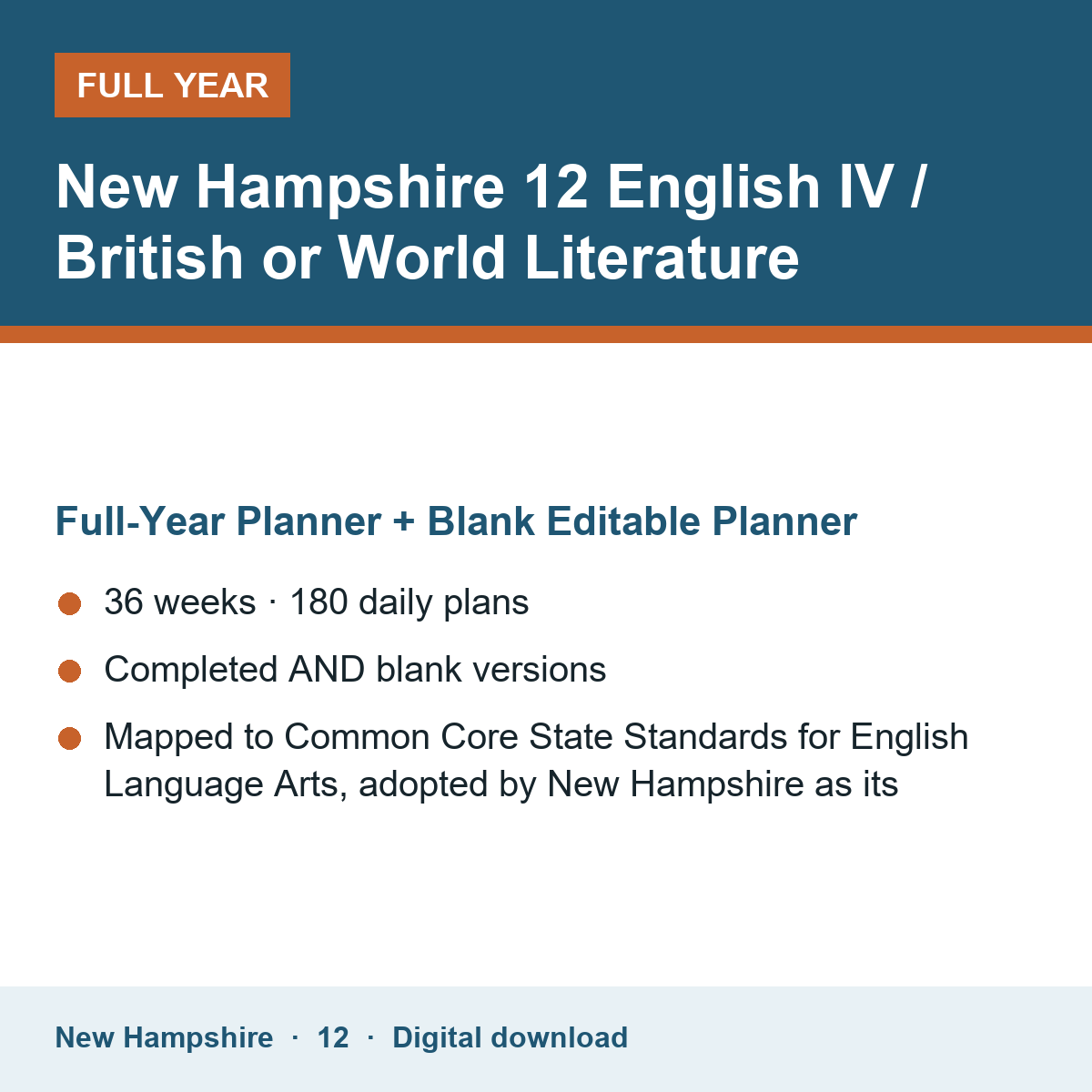 Cover of the New Hampshire Grade 12 English IV / British or World Literature full-year teacher planner