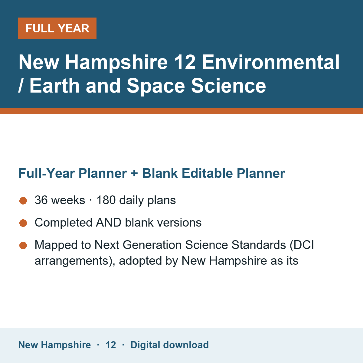 Cover of the New Hampshire Grade 12 Environmental / Earth and Space Science full-year teacher planner