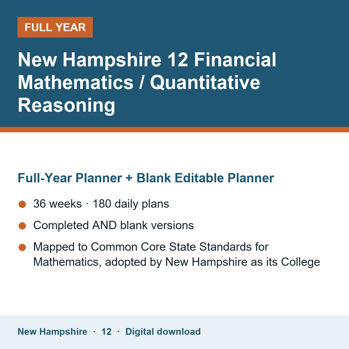 Cover of the New Hampshire Grade 12 Financial Mathematics / Quantitative Reasoning full-year teacher planner