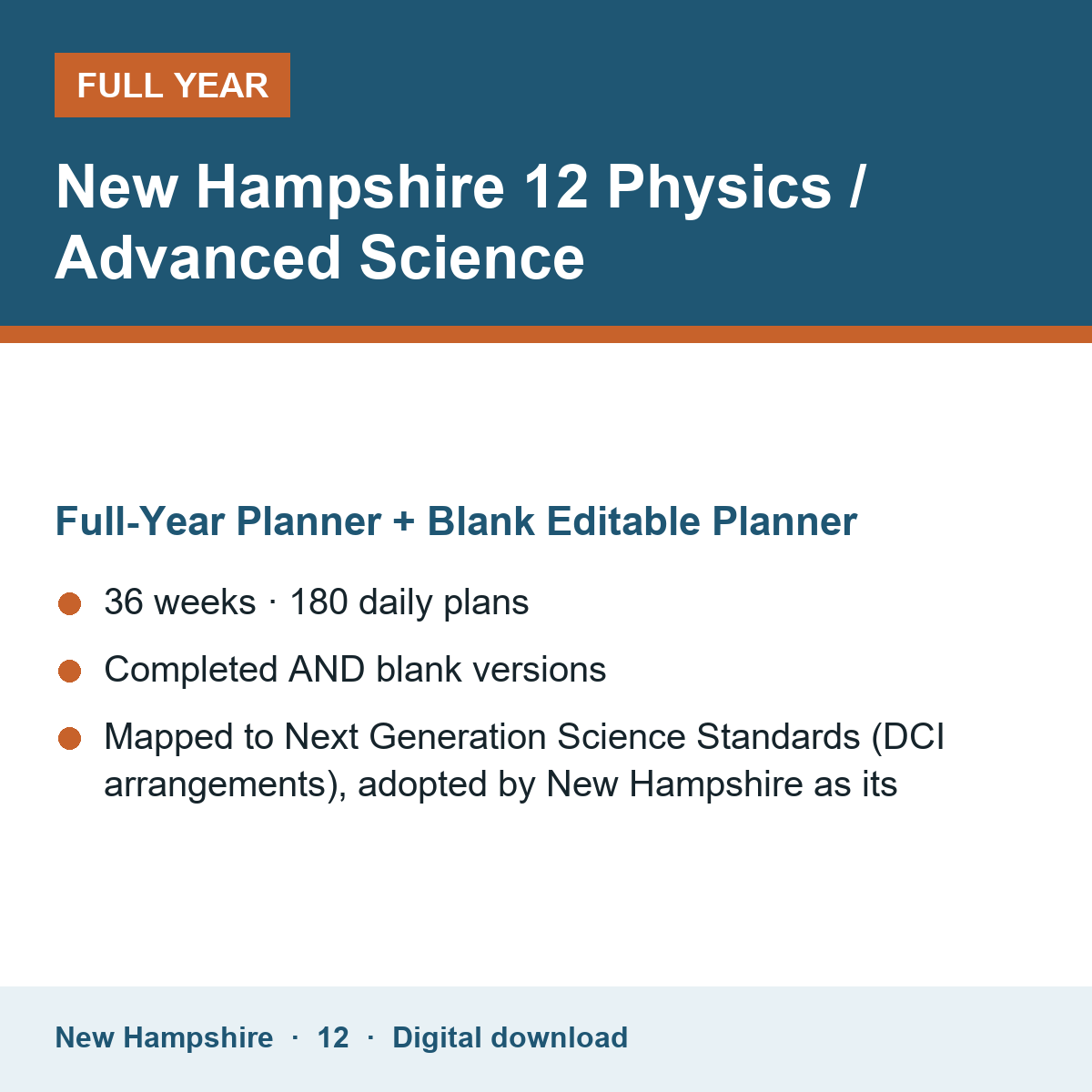 Cover of the New Hampshire Grade 12 Physics / Advanced Science full-year teacher planner