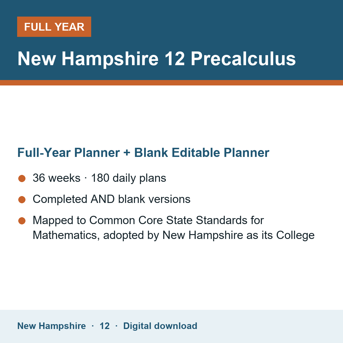 Cover of the New Hampshire Grade 12 Precalculus full-year teacher planner