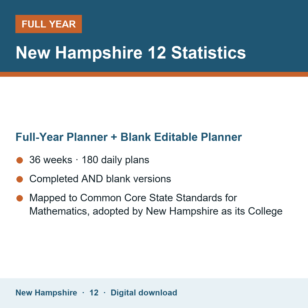 Cover of the New Hampshire Grade 12 Statistics full-year teacher planner