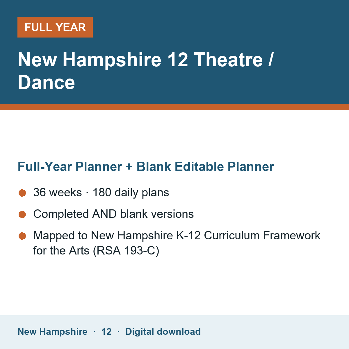 Cover of the New Hampshire Grade 12 Theatre / Dance full-year teacher planner