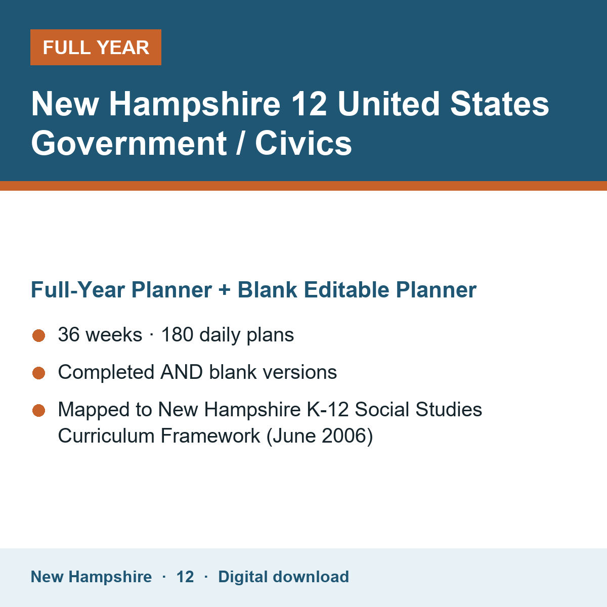 Cover of the New Hampshire Grade 12 United States Government / Civics full-year teacher planner