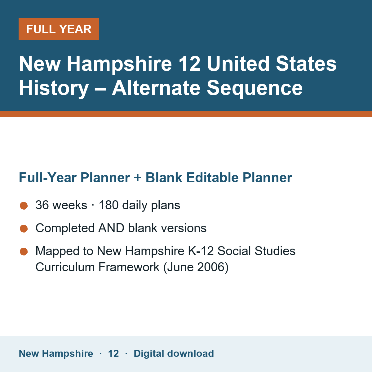 Cover of the New Hampshire Grade 12 United States History – Alternate Sequence full-year teacher planner