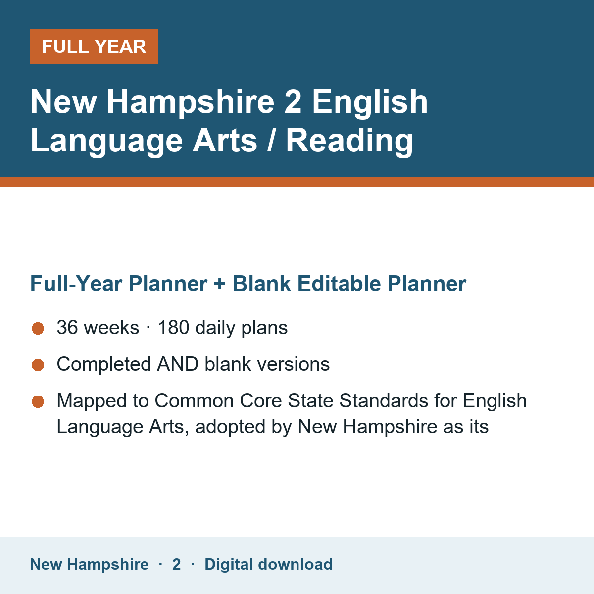 Cover of the New Hampshire Grade 2 English Language Arts / Reading full-year teacher planner