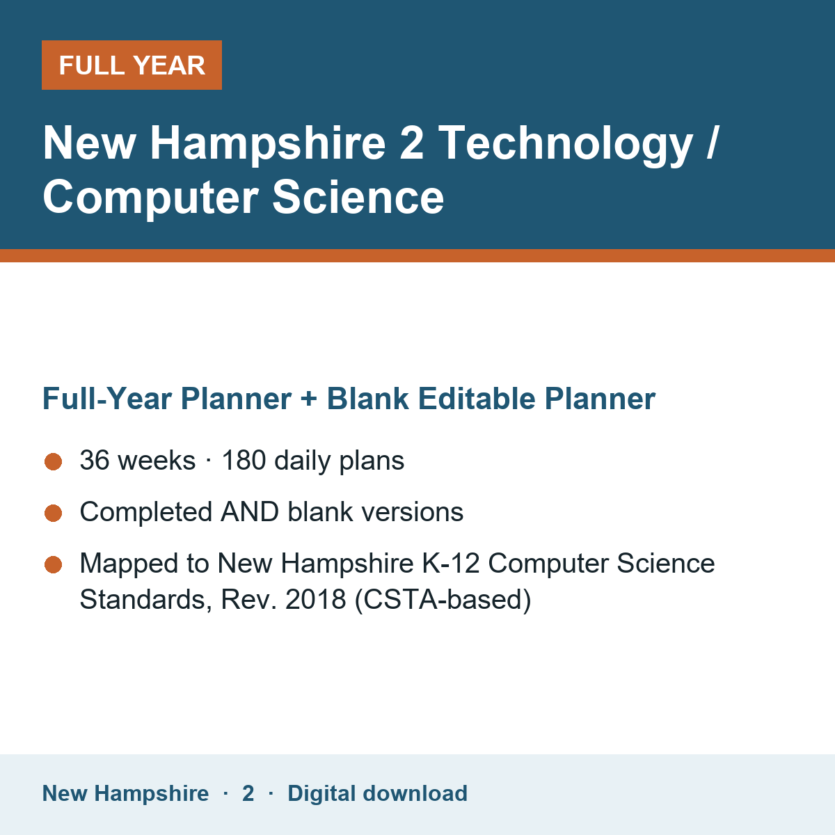 Cover of the New Hampshire Grade 2 Technology / Computer Science full-year teacher planner