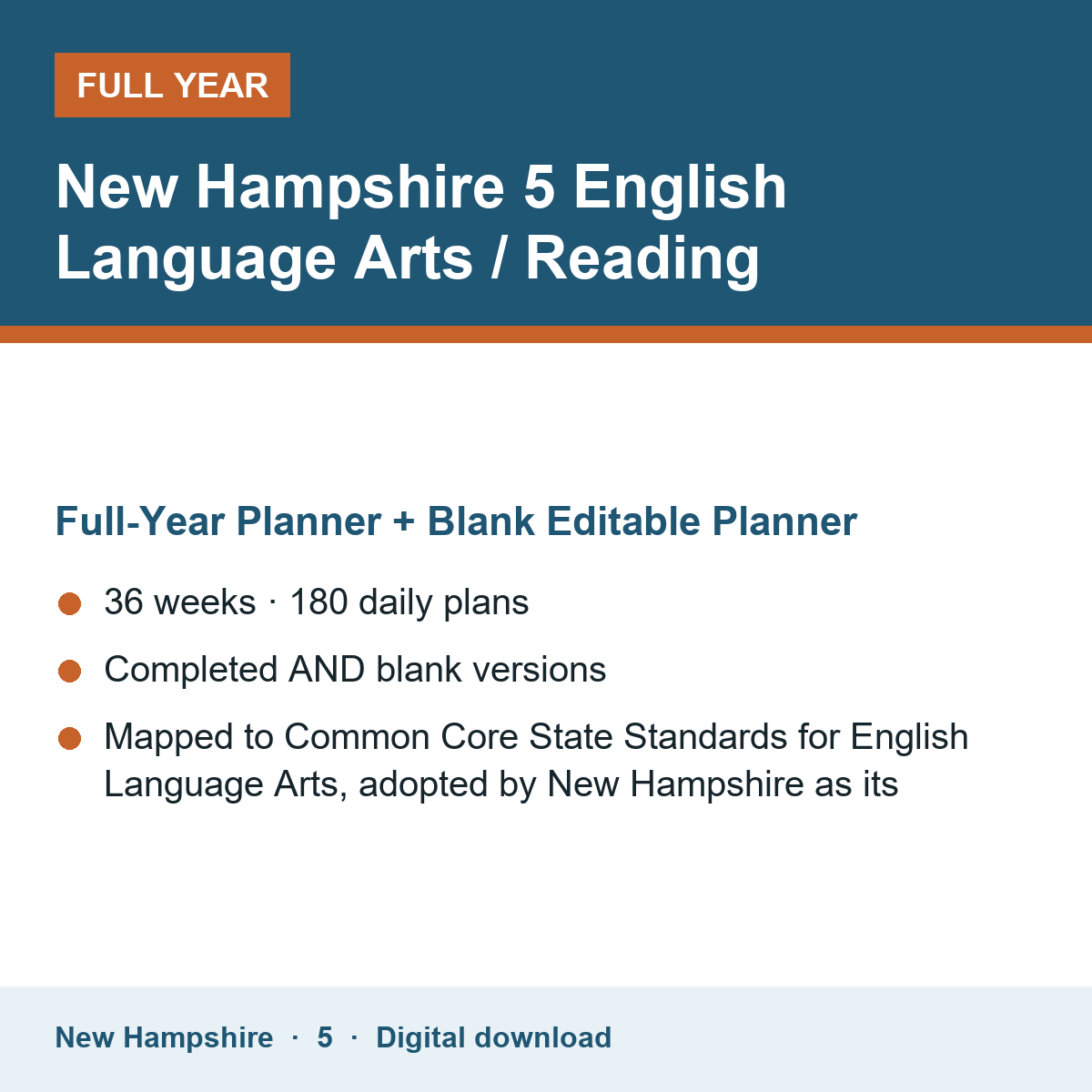 Cover of the New Hampshire Grade 5 English Language Arts / Reading full-year teacher planner