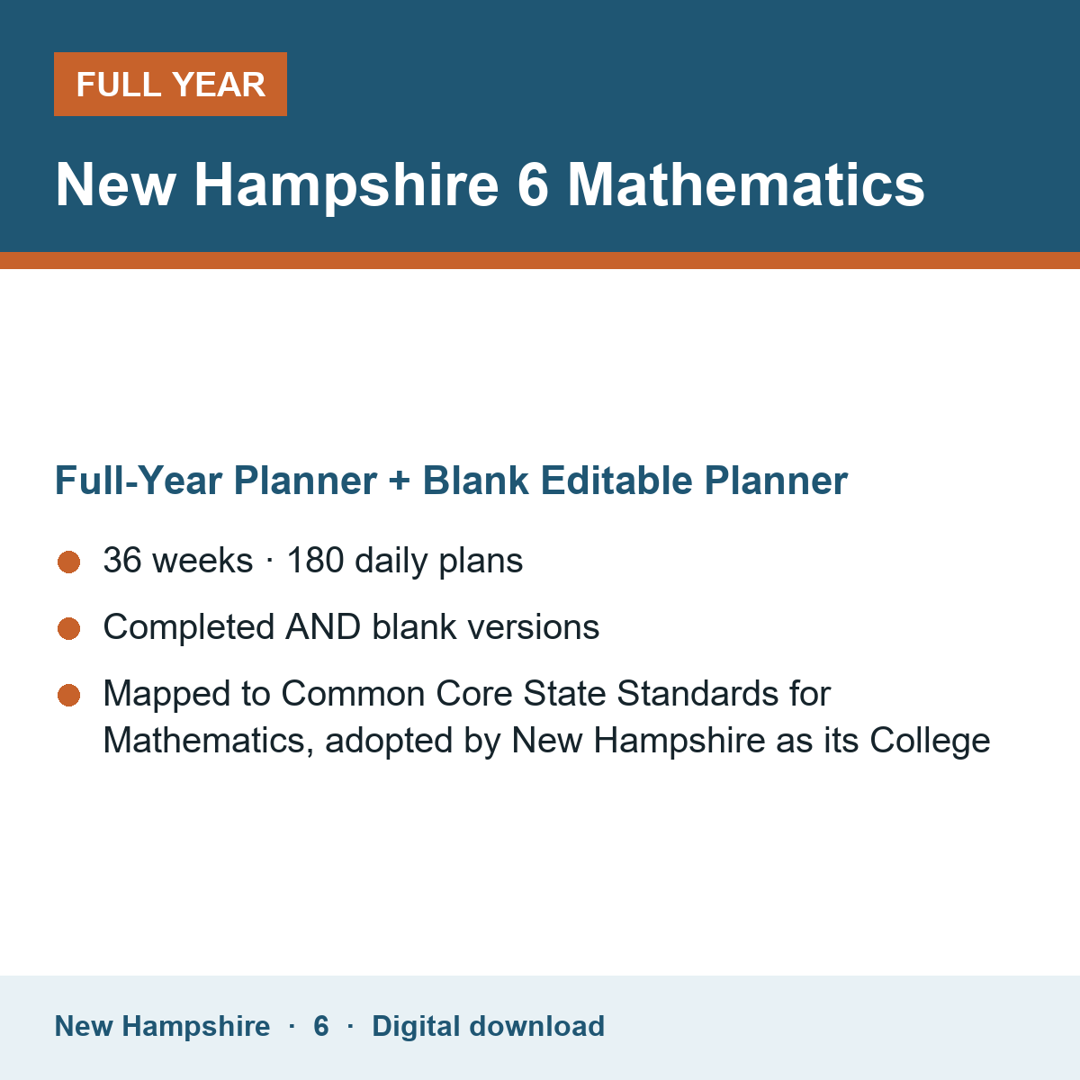 Cover of the New Hampshire Grade 6 Mathematics full-year teacher planner