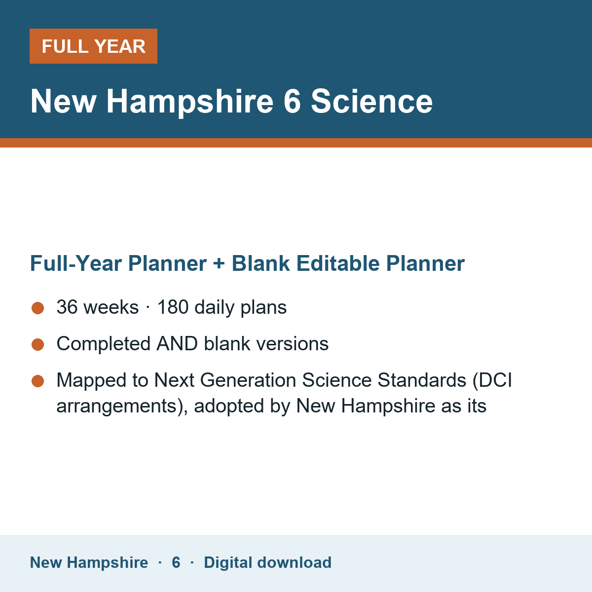 Cover of the New Hampshire Grade 6 Science full-year teacher planner