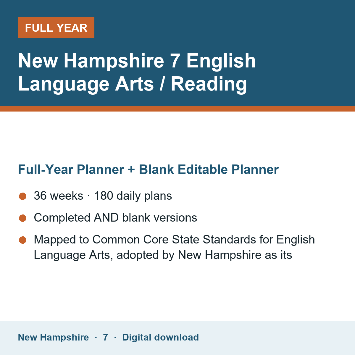 Cover of the New Hampshire Grade 7 English Language Arts / Reading full-year teacher planner