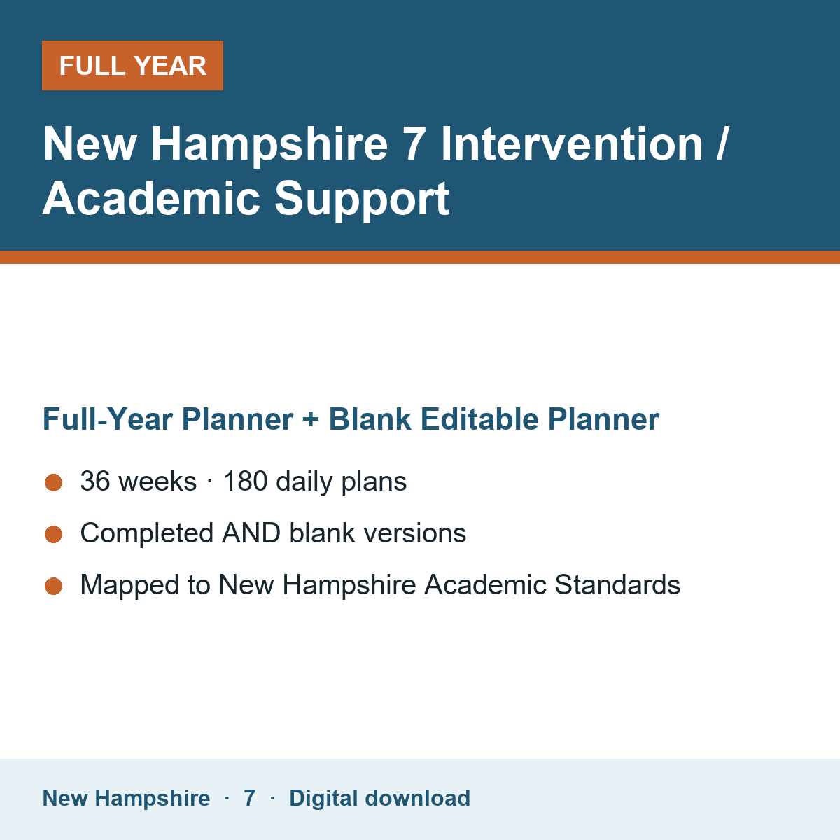 Cover of the New Hampshire Grade 7 Intervention / Academic Support full-year teacher planner