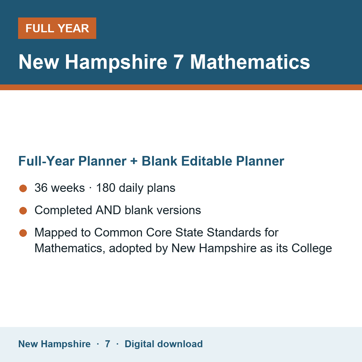 Cover of the New Hampshire Grade 7 Mathematics full-year teacher planner