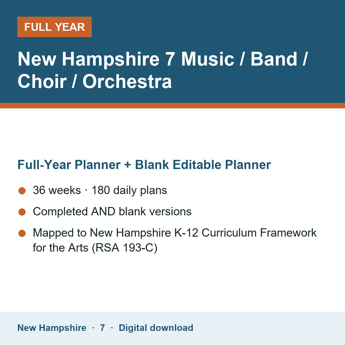 Cover of the New Hampshire Grade 7 Music / Band / Choir / Orchestra full-year teacher planner