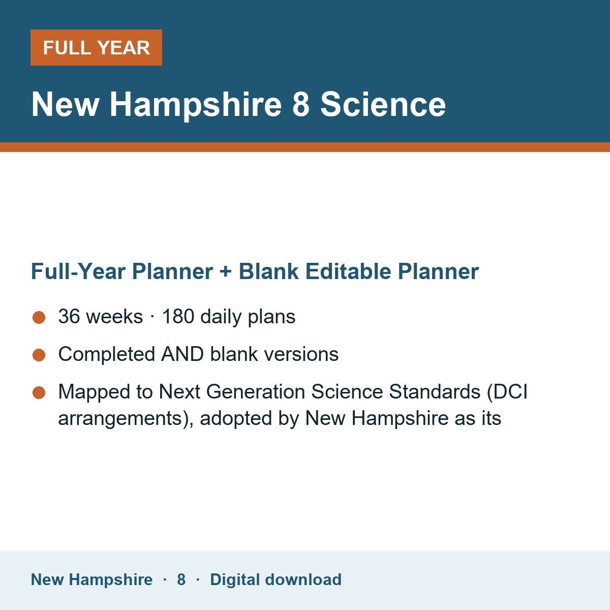 Cover of the New Hampshire Grade 8 Science full-year teacher planner