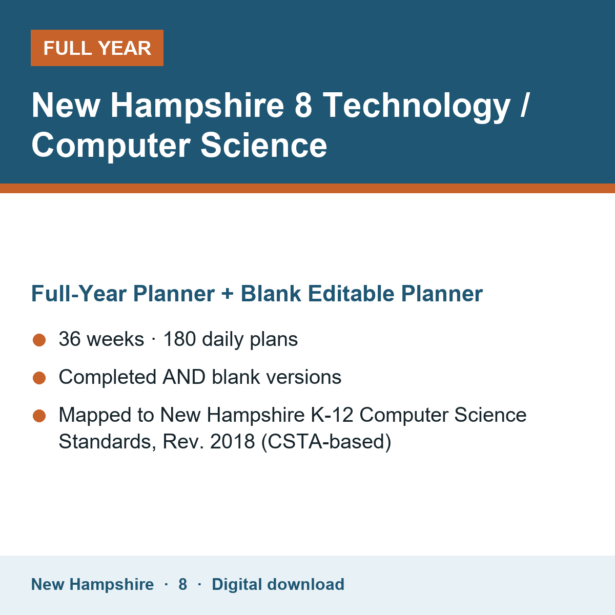 Cover of the New Hampshire Grade 8 Technology / Computer Science full-year teacher planner