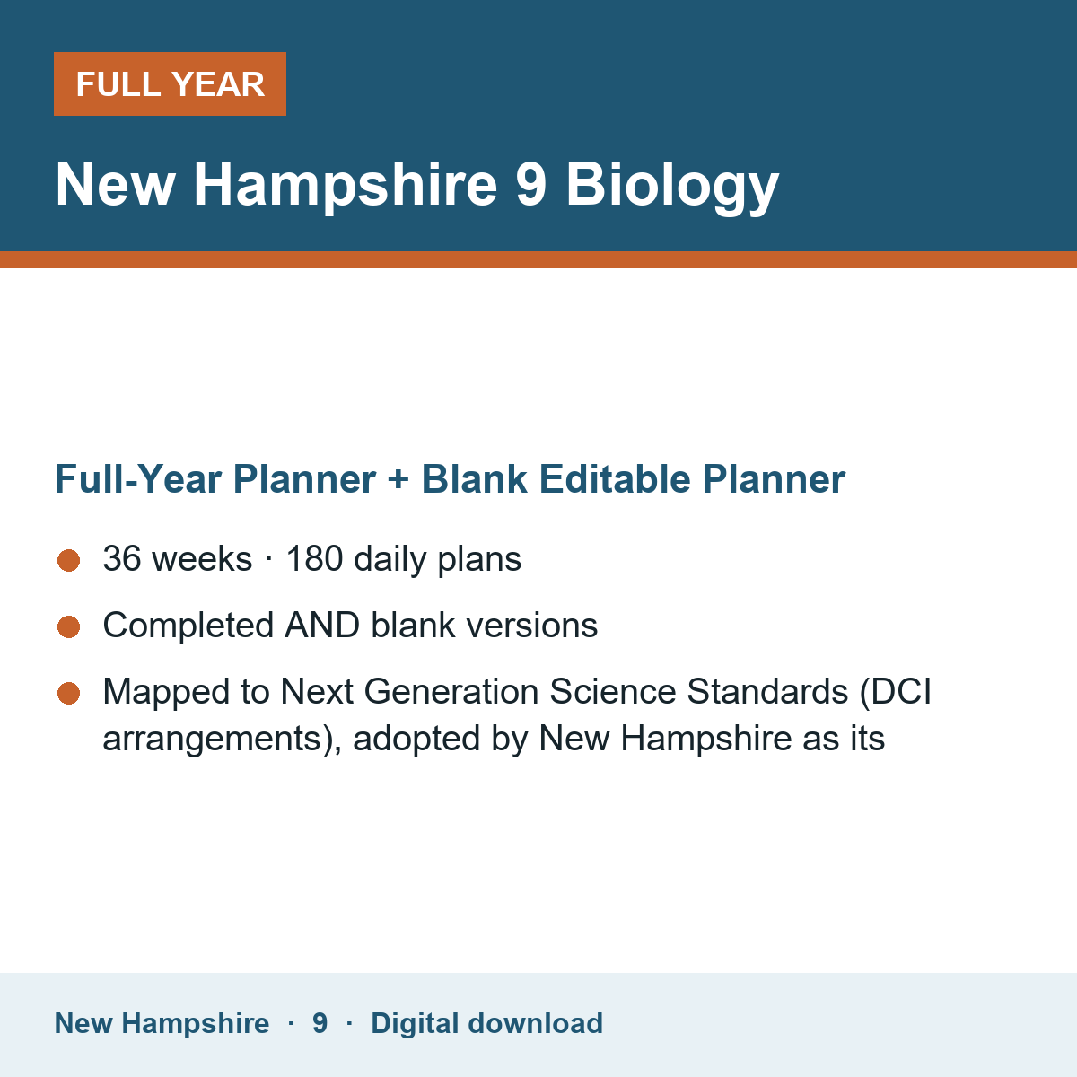 Cover of the New Hampshire Grade 9 Biology full-year teacher planner