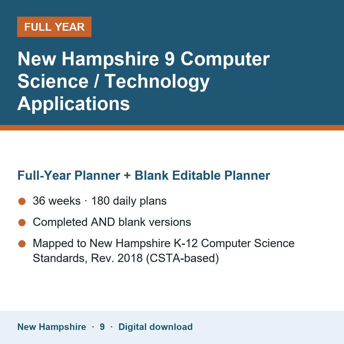 Cover of the New Hampshire Grade 9 Computer Science / Technology Applications full-year teacher planner