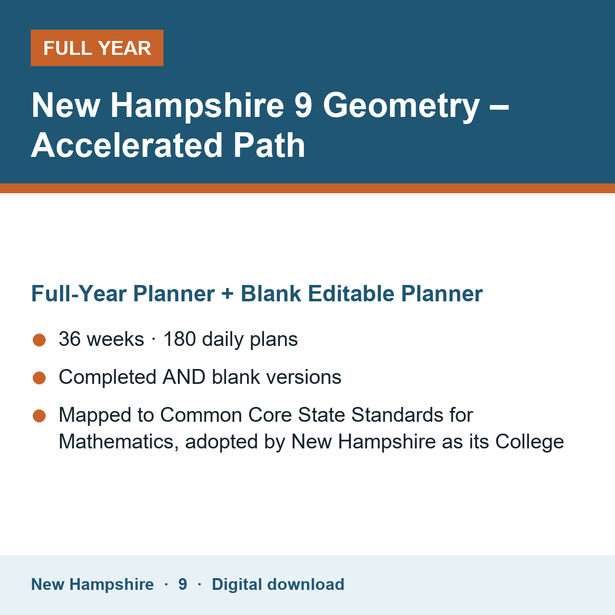Cover of the New Hampshire Grade 9 Geometry – Accelerated Path full-year teacher planner