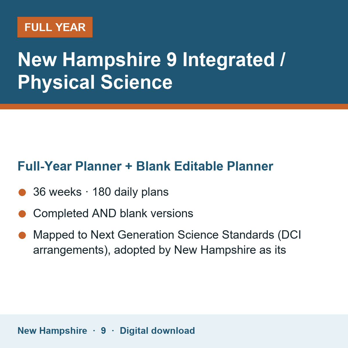 Cover of the New Hampshire Grade 9 Integrated / Physical Science full-year teacher planner