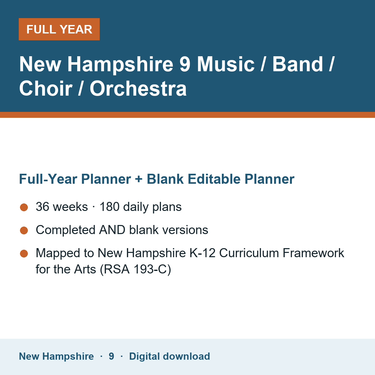 Cover of the New Hampshire Grade 9 Music / Band / Choir / Orchestra full-year teacher planner