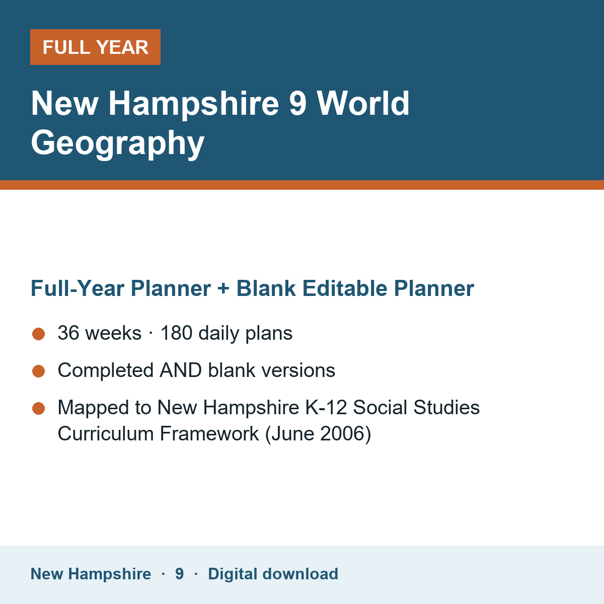 Cover of the New Hampshire Grade 9 World Geography full-year teacher planner